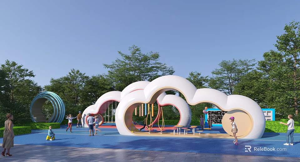Outdoor Children's Playground with Cloud Shaped Structures Slides Swings Green Trees and Blue Flooring 3d model 