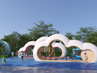 Outdoor Children's Playground with Cloud Shaped Structures Slides Swings Green Trees and Blue Flooring 3d model