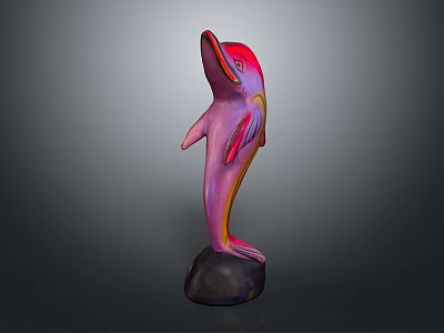 Vibrant Colored Dolphin Sculpture Standing In Upright Pose On Black Stone Base 3d model