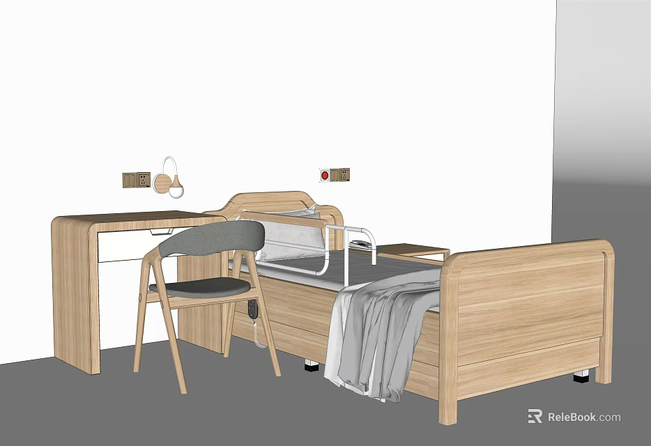 Medical Bed with Wooden Frame Side Rails and Modern Design for Hospital Patient Care 3d model 