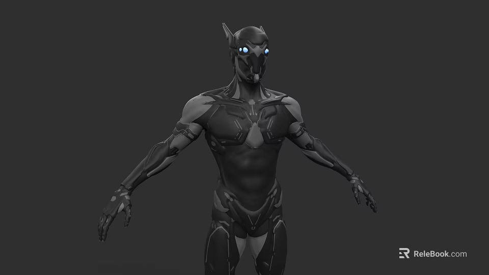 Man in Black Armored Suit with Glowing Blue Eyes and Futuristic Design 3d model 