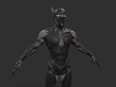 Man in Black Armored Suit with Glowing Blue Eyes and Futuristic Design 3d model
