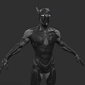 Man in Black Armored Suit with Glowing Blue Eyes and Futuristic Design