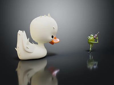 White Duck Toy Facing Green Frog Toy Playing Violin On Dark Background With Reflection 3d model