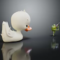 White Duck Toy Facing Green Frog Toy Playing Violin On Dark Background With Reflection 3d model