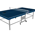 Blue Ping Pong Table With White Net Black Paddles And Metal Frame On Wheels