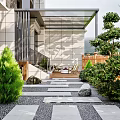 Garden Landscape With Outdoor Patio Wooden Fence Rattan Chairs Fire Pit And Green Plants