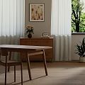 Wooden Dining Table with Chair Cabinet Vase Flowers Camera Wall Art Window White Curtains Plant