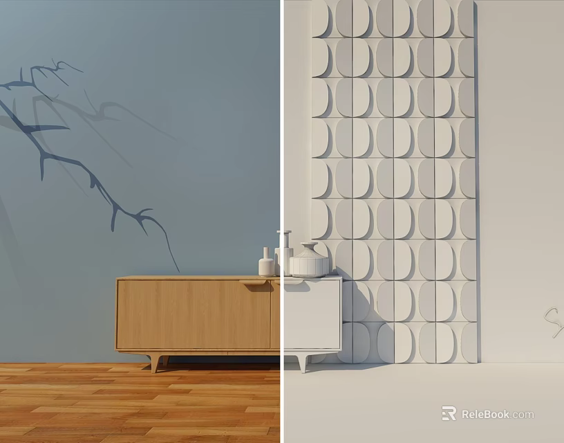 Wooden Console And Side Cabinet With Light Gray Wall Tree Shadow And Circular Pattern Decor 3d model 