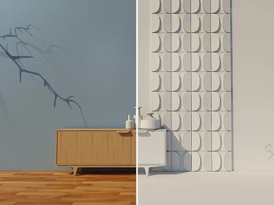 Wooden Console And Side Cabinet With Light Gray Wall Tree Shadow And Circular Pattern Decor 3d model