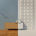 Wooden Console And Side Cabinet With Light Gray Wall Tree Shadow And Circular Pattern Decor