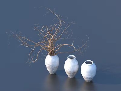 Three White Ceramic Vases With Dried Branches Against Dark Blue Background 3d model