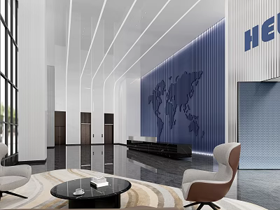 Spacious Modern Lobby Front Desk Reception With HCE Logo World Map Wall Sofas Coffee Table 3d model