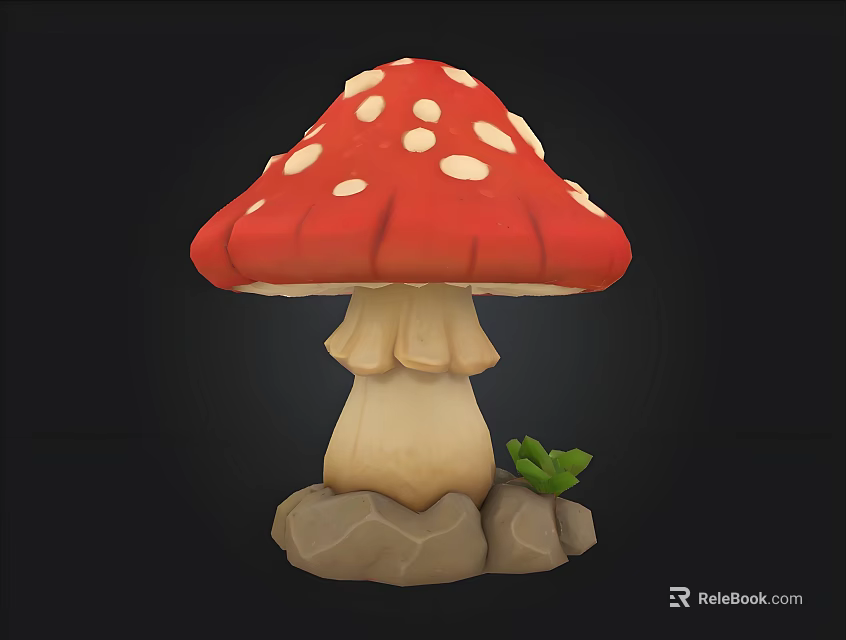 Red Mushroom With White Spots On Stone Base And Small Green Leaf 3d model
