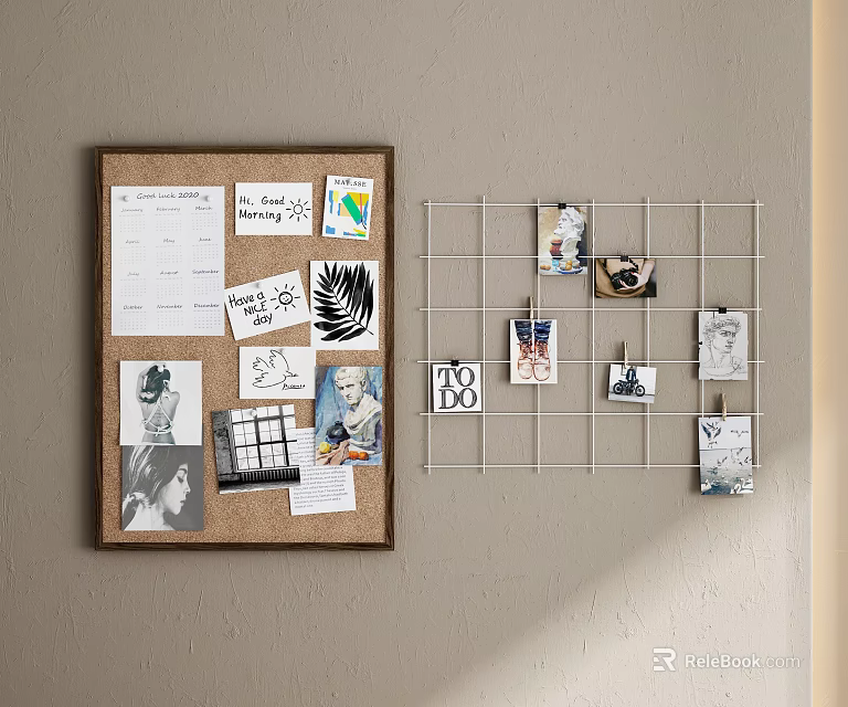 Stylish Photo Wall With Corkboard Grid Clips Photos Notes And Calendar 3d model 