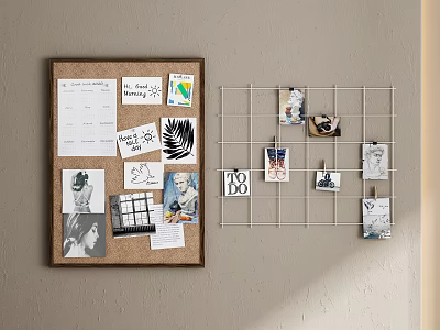 Stylish Photo Wall With Corkboard Grid Clips Photos Notes And Calendar 3d model