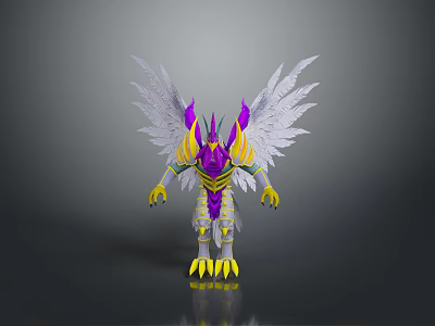 Woman Themed Creature With White Wings Purple Yellow Decor Yellow Claws And Gray Background 3d model
