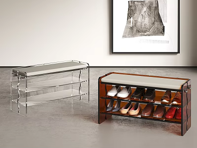 Modern Transparent Acrylic and Wooden Shoe Bench with Padded Seat and Storage Shelf Holding Shoes 3d model