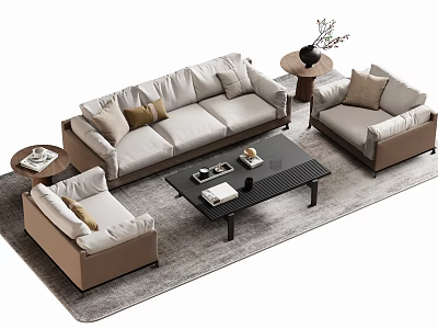 Modern Sofa and Coffee Table Set With Beige Fabric Brown Pillows and Black Coffee Table 3d model