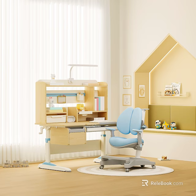 Wooden Kids Desk with Bookshelf Lamp and Blue Chair in Bright Room with Toy Shelf 3d model 