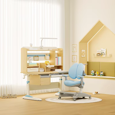 Wooden Kids Desk with Bookshelf Lamp and Blue Chair in Bright Room with Toy Shelf 3d model