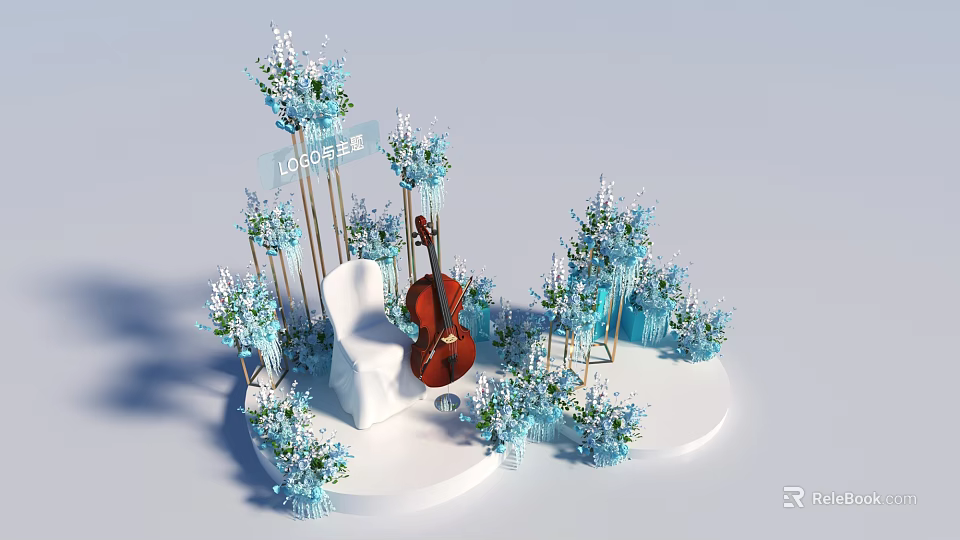 Floral Installation With Blue Flowers Golden Frames White Steps And Cello 3d model 