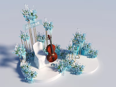 Floral Installation With Blue Flowers Golden Frames White Steps And Cello 3d model