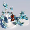 Floral Installation With Blue Flowers Golden Frames White Steps And Cello