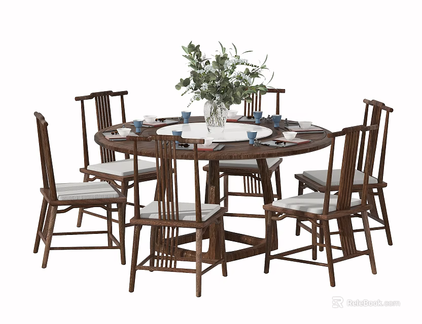 Wooden Round Dining Table Set with Six Chairs Vase Greenery and Tableware 3d model
