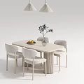 Modern Minimalist Dining Table Set With Four Chairs Pendant Lights Green Plant And Fruit Plate