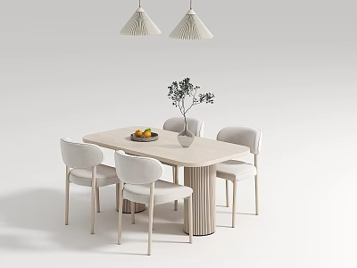 Modern Minimalist Dining Table Set With Four Chairs Pendant Lights Green Plant And Fruit Plate 3d model