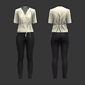 Women's Cream Top With Tie Waist And Dark Tight Pants Front Back View