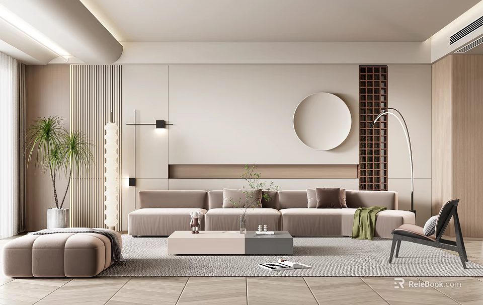 Modern Living Room Interior Design With Beige Sofa Round Wall Art Plants And Floor Lamp 3d model 