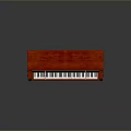 Red Wooden Upright Piano With Carved Details And Black White Keys
