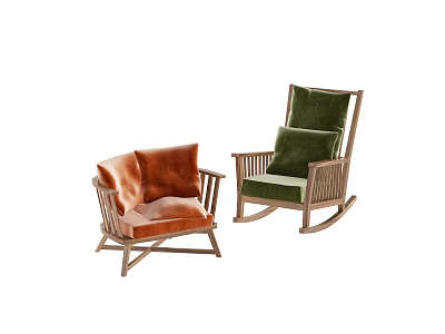 Orange and Green Single Armchair with Wooden Frame and Upholstered Seats Design 3d model