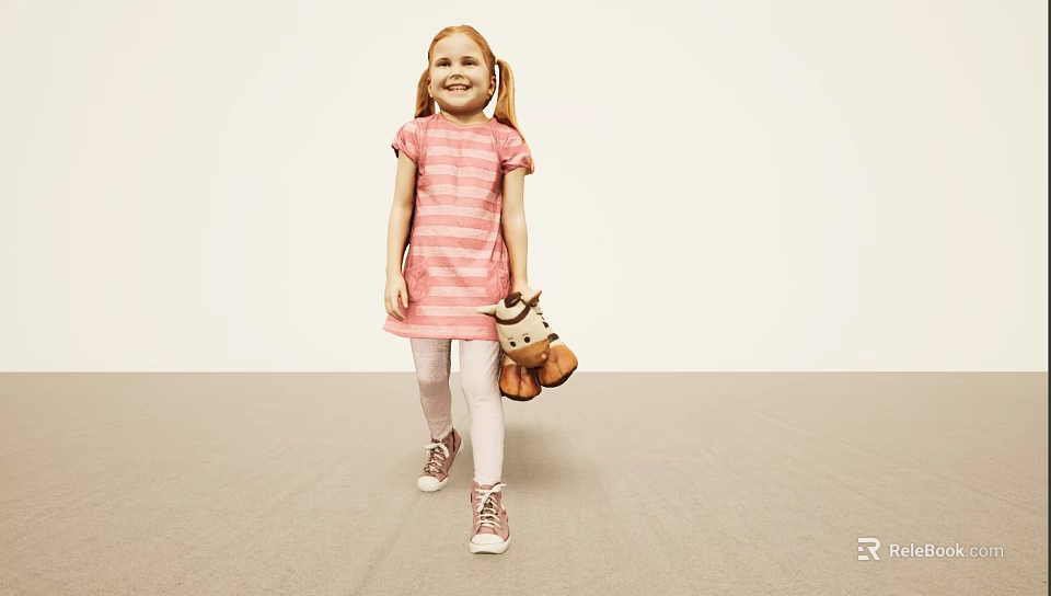 Little Girl In Pink Striped Dress Holding Brown Plush Toy Walking On Beige Floor 3d model 