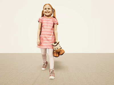 Little Girl In Pink Striped Dress Holding Brown Plush Toy Walking On Beige Floor 3d model