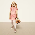 Little Girl In Pink Striped Dress Holding Brown Plush Toy Walking On Beige Floor
