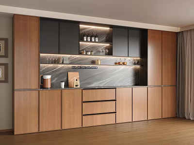 Elegant Modern Wooden Sideboard Cabinet With Marble Top Open Shelves Drawers And LED Lighting 3d model