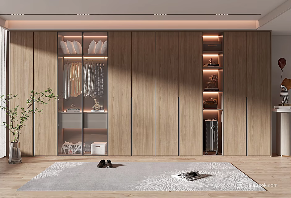 Modern Wooden Wardrobe With Glass Door Hanging Clothes Open Shelves And LED Lighting 3d model 