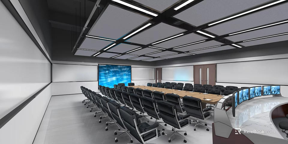 Modern Conference Room Interior With Long Table Black Chairs Large Screen And Ceiling Lights 3d model