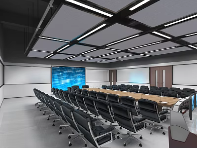 Modern Conference Room Interior With Long Table Black Chairs Large Screen And Ceiling Lights 3d model
