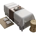 Single Bed with White Sheets Brown Blanket Tray White Slippers Woven Mat and Wooden Stool