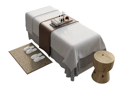 Single Bed with White Sheets Brown Blanket Tray White Slippers Woven Mat and Wooden Stool 3d model