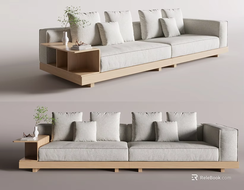 Modern Minimalist Two Seater Sofa In Light Gray Fabric With Side Table And Potted Plant 3d model 