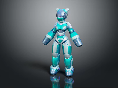 Futuristic Cat Like Robot 3D Character With Turquoise Silver Armor And Shiny Design 3d model