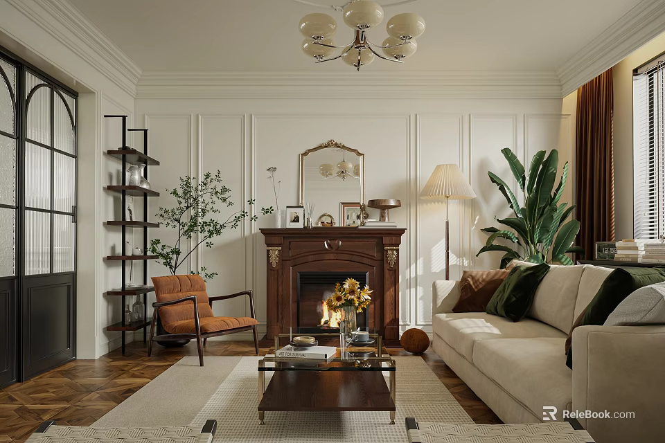 Warm Living Room Interior With Fireplace Chandelier Sofa Coffee Table And Green Plants 3d model 