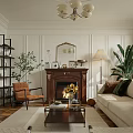 Warm Living Room Interior With Fireplace Chandelier Sofa Coffee Table And Green Plants
