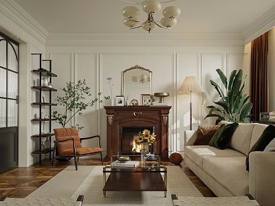 Warm Living Room Interior With Fireplace Chandelier Sofa Coffee Table And Green Plants 3d model
