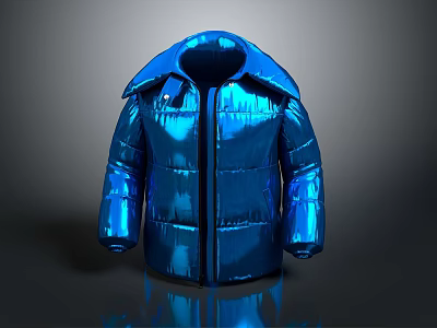 Blue Shiny Puffer Jacket With Metallic Finish Collar And Zipper Details 3d model
